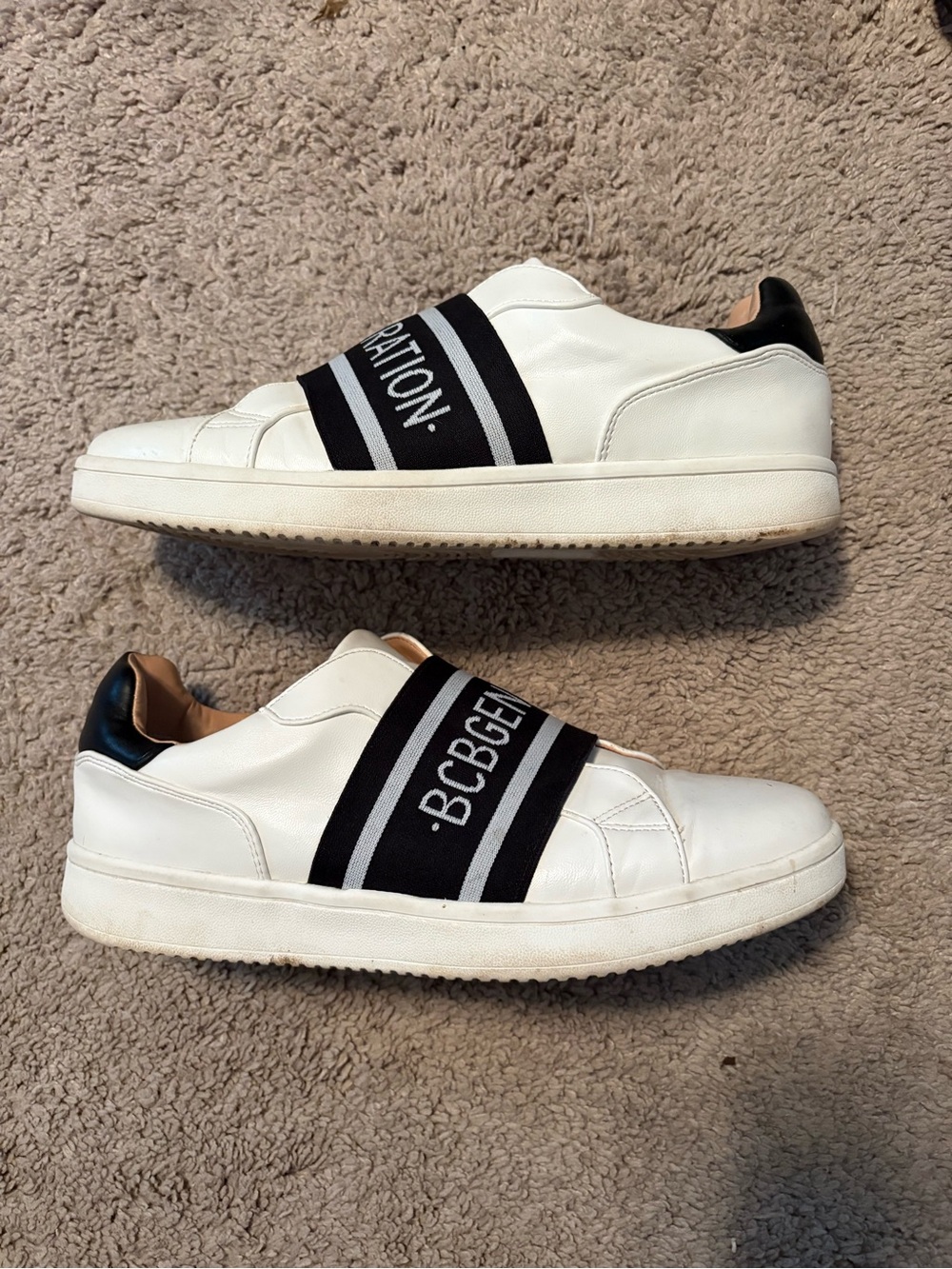 BCBGeneration Women’s White Leather Slip-On Sneakers with Black Elastic Strap